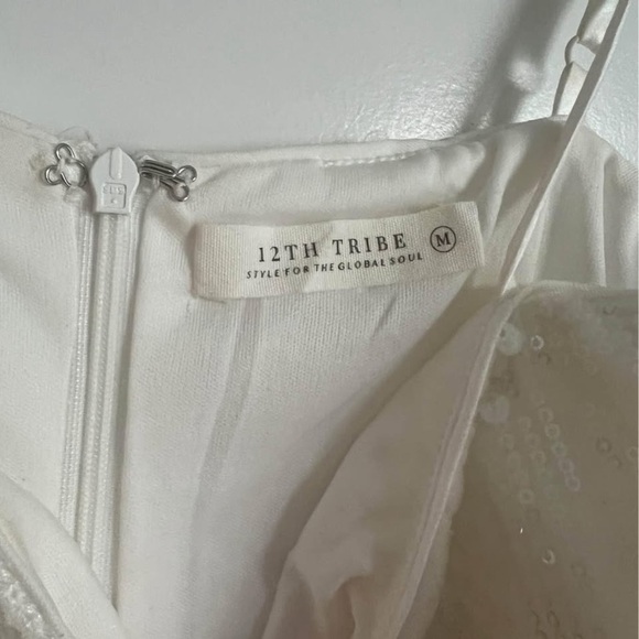 12th Tribe Priscilla White Sequin mini Dress with feather trim medium - Picture 3 of 3